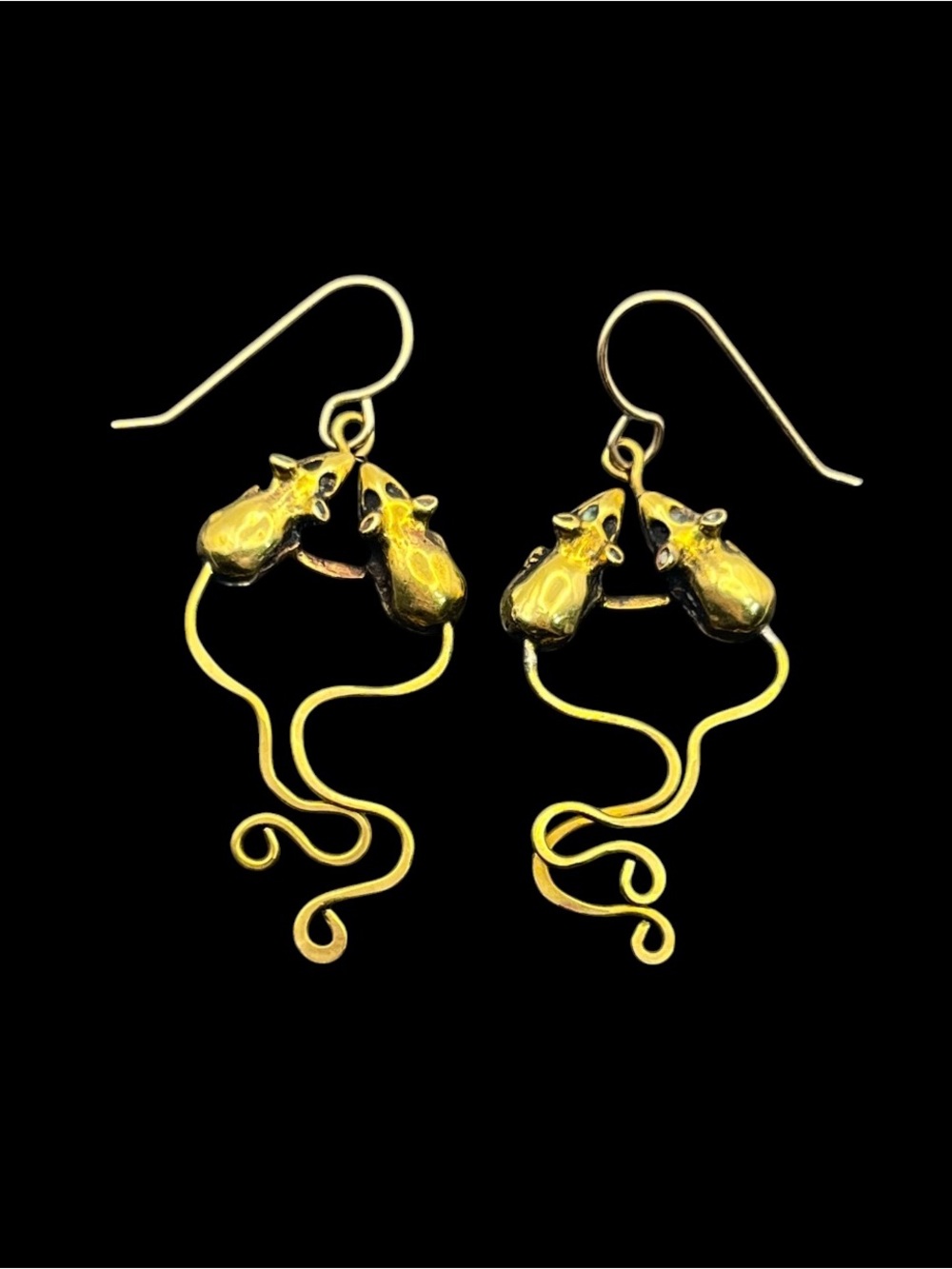 Mouse rat rodent gold tone handmade dangle drop vintage earrings